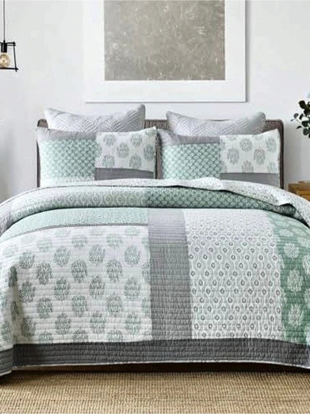 Finland’s Cotton Quilt Set Sage Green Patchwork Reversible Bedding Cotton Patchw